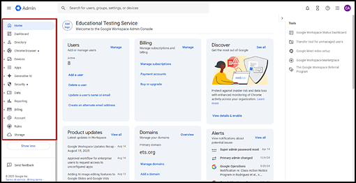Google Admin Console with the selection panel indicated.