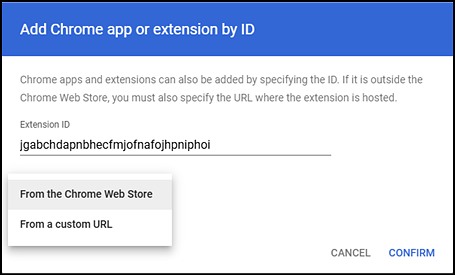 Add Chrome app or extension by ID window with jgabchdapnbhecfmjofnafojhpniphoi entered in the Extension ID field