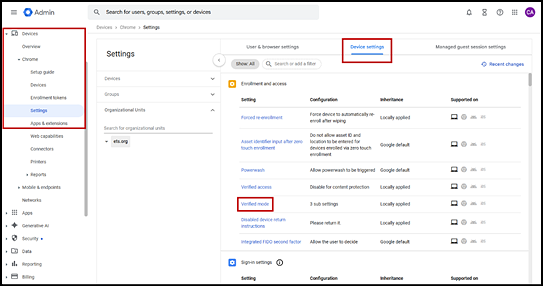 Admin screen with the Devices, Chrome, Settings section indicated on the left and the Device settings tab indicated in the Settings section on the right