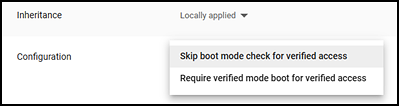 Verified mode configuration options list with the "Skip boot mode check for verified access" option shaded.