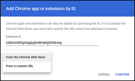 Add Chrome app or extension by ID window with cblbmnlkfgdiagbghnilmekjjlibbkmg entered in the Extension ID field