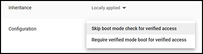 Verified mode configuration options list with the "Skip boot mode check for verified access" option shaded.