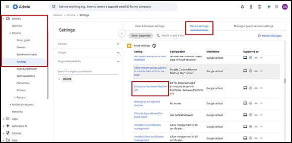 Admin screen with the Devices, Chrome, Settings section indicated on the left and the Device settings tab indicated in the Settings section on the right.