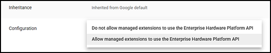 Enterprise Hardware Platform API options list with the "Allow managed extensions" option shaded.