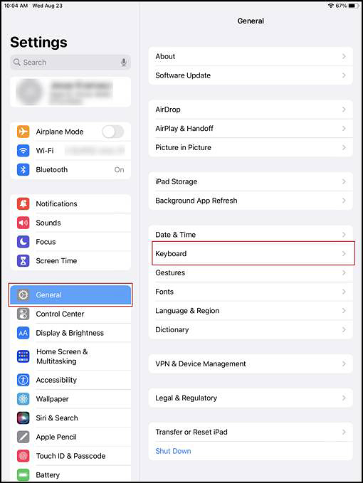 Keyboards panel in the iPadOS Settings interface with the General button and Keyboard option indicated.