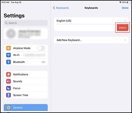 Keyboards panel in the iPadOS Settings interface with the Delete button indicated.