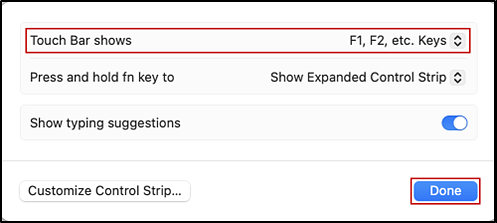 Touch Bar Settings options with the Touch Bar shows setting and Done button indicated.