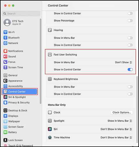 Control Center section of System Settings interface with Control Center option and Fast User Switching section indicated.
