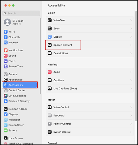 Accessibility section of System Settings interface with Accessibility option and Spoken Content indicated.