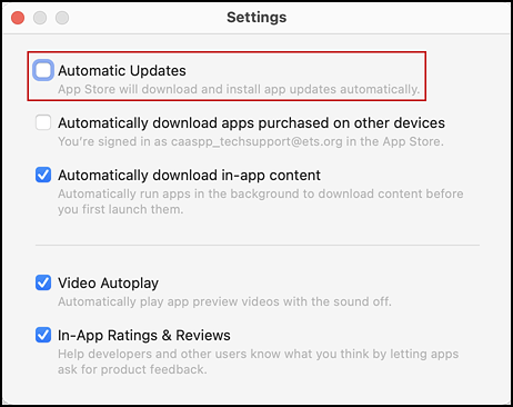 App Store Settings with the Automatic Updates checkbox indicated.