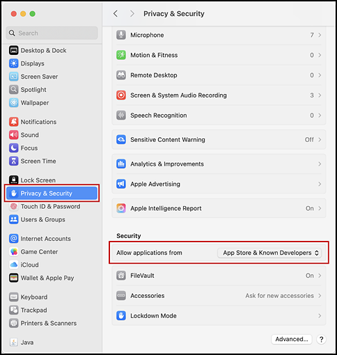 System Settings interface with the Privacy & Security button and All applications from list indicated.