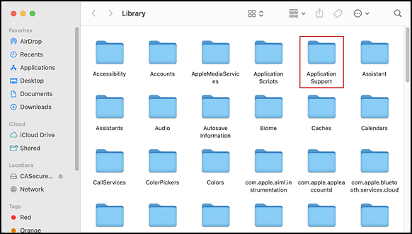 Library interface with the Application Support folder indicated.