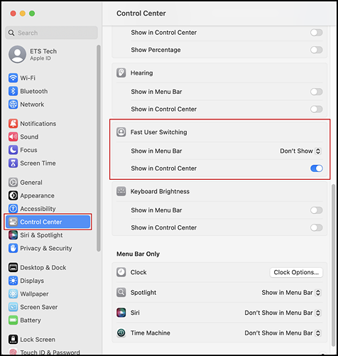 Control Center section of System Settings interface with Control Center option and Fast User Switching section indicated.