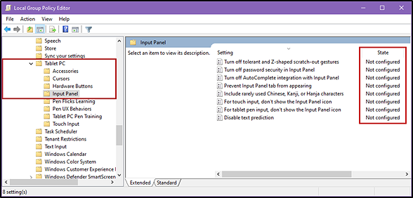 Local Group Policy Editor with the Tablet PC folder and State column indicated.