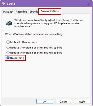 Sound dialog box with the Communications tab and Do nothing radio button indicated.