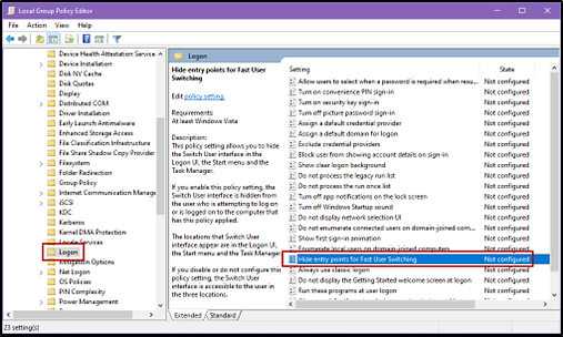 Windows Local Group Policy Editor options with the Logon folder and the Hide entry points for Fast User Switching item indicated