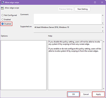 Allow edge swipe with the Disabled radio button and the OK and Apply buttons selected.