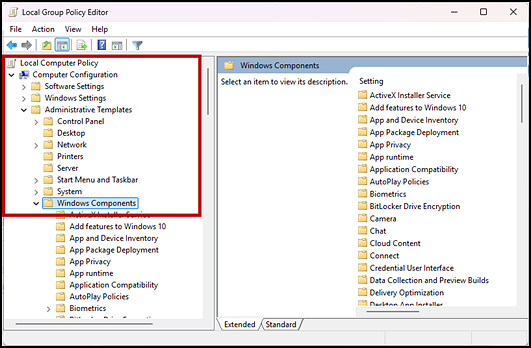 Local Group Policy Editor with the Windows Components folder indicated.