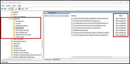 Local Group Policy Editor with the Tablet PC folder and State column indicated.