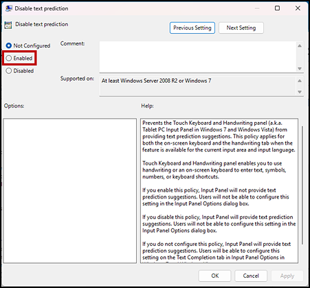 Disable text prediction with Input Panel window with Enabled radio button indicated.