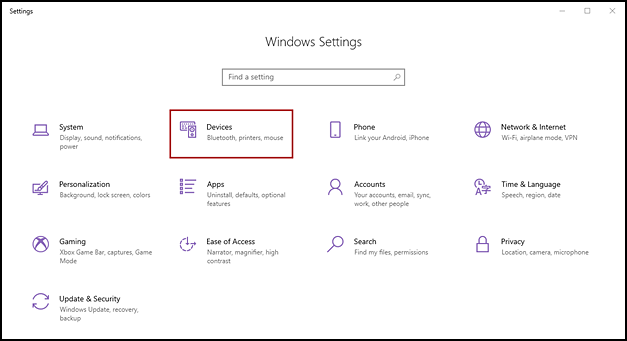 Windows Settings interface with the Devices button indicated