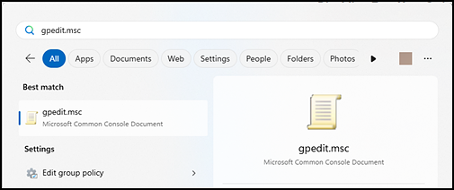 Windows Search box with gpedit entered
