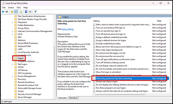 Windows Local Group Policy Editor options with the Logon folder and the Hide entry points for Fast User Switching item indicated.