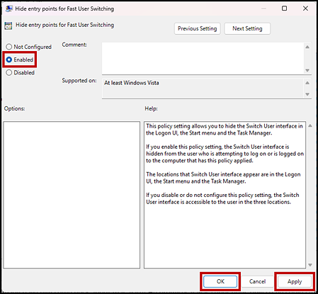 Hide entry points for Fast User Switching with the Enabled radio button and the OK and Apply buttons indicated.