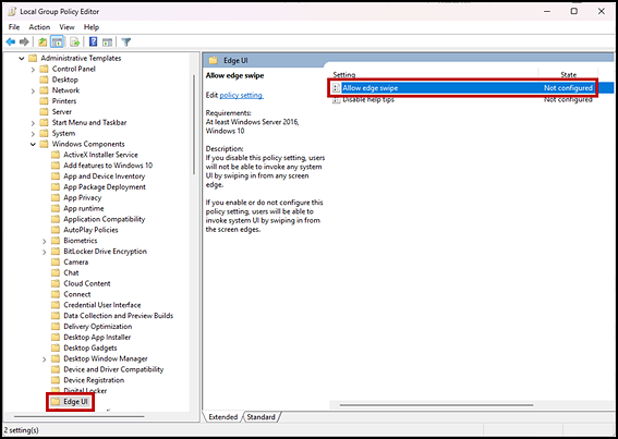 Edge UI panel in the Local Group Policy Editor with the Allow edge swipe setting indicated.