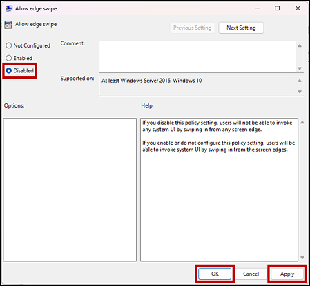 Allow edge swipe with the Disabled radio button and the OK and Apply buttons selected.