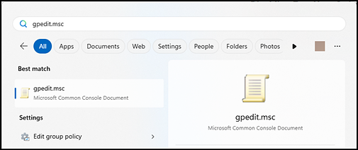 Windows Search box with gpedit entered