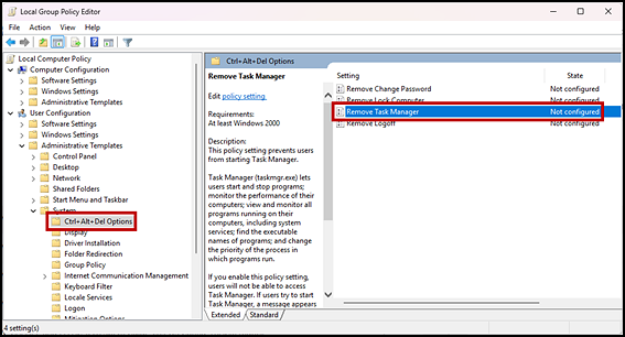 Local Policy Editor screen options with the Ctrl+Alt+Del Options setting and Remove Task Manager option indicated.