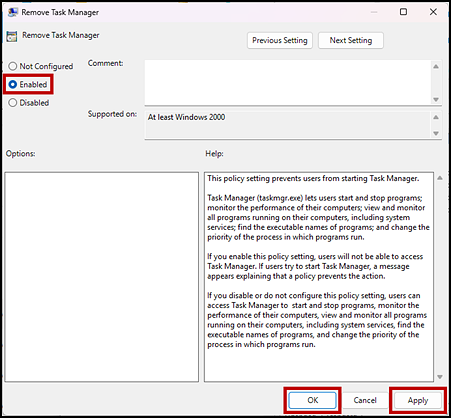 Remove Task Manager dialog box with the Enabled radio button and the OK and Apply buttons indicated.