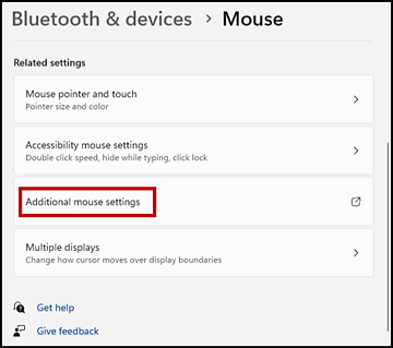 Mouse settings window with the Additional mouse settings link indicated.