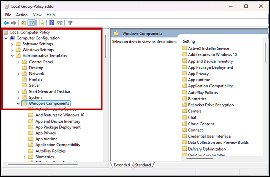Local Group Policy Editor with the Windows Components folder indicated.