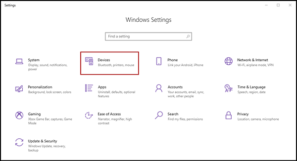 Windows Settings interface with the Devices button indicated