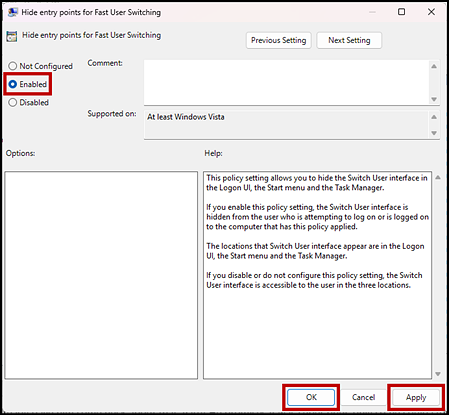 Hide entry points for Fast User Switching with the Enabled radio button and the OK and Apply buttons indicated.