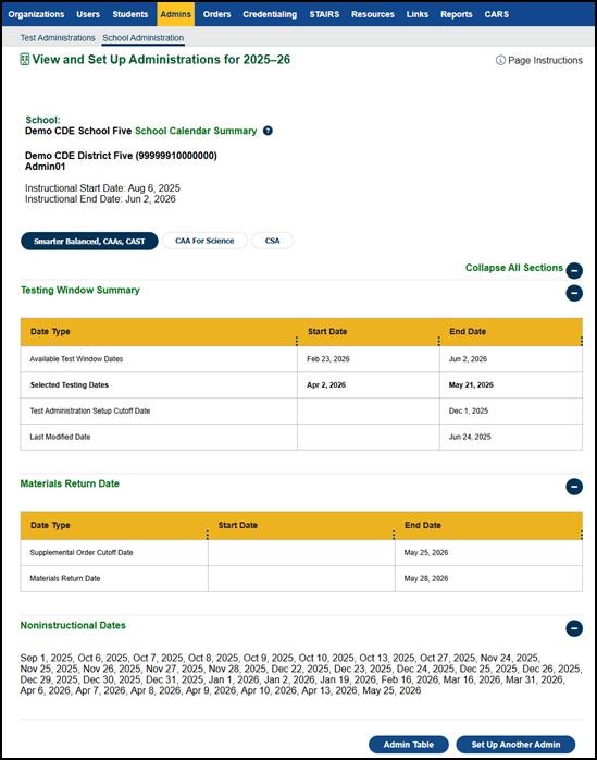 CAASPP View and Set Up Administrations screen—School.