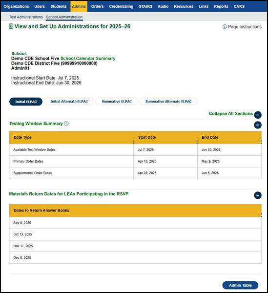 Initial ELPAC View and Set Up Administrations screen—School.