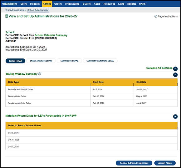Initial ELPAC View and Set Up Administrations screen—School.