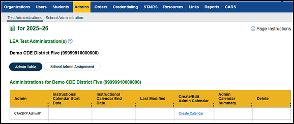 LEA Test Administration(s) screen with CAASPP administrations table.