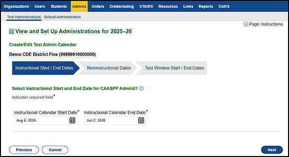 Instructional Calendar Start/End Dates progress step.