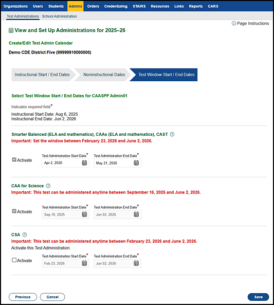 Test Window Start/End Dates progress step.