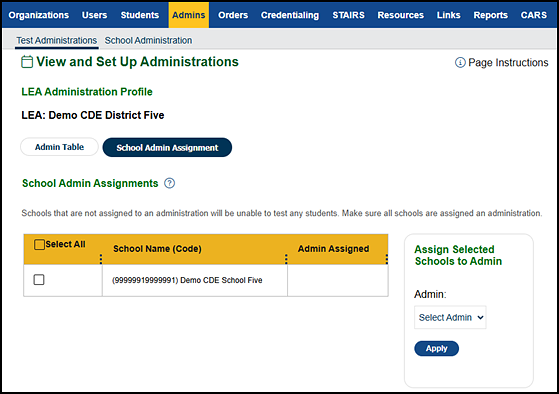 School Admin Assignment tab for CAASPP.