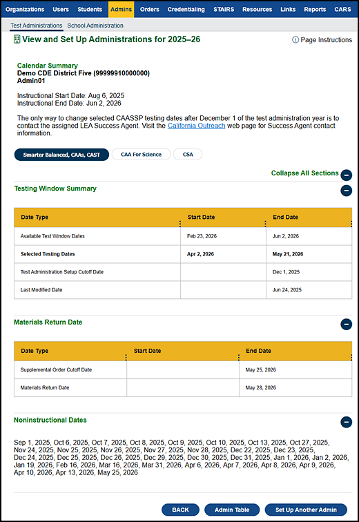 Select LEA to View Administrations section of the Test Administrations screen.