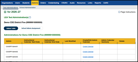 LEA Test Administration(s) screen with CAASPP administrations table.