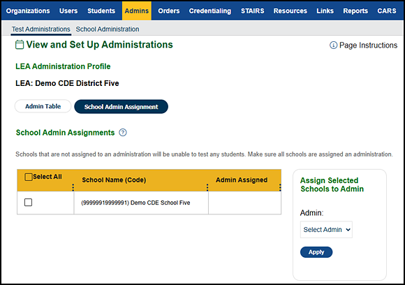School Admin Assignment tab for CAASPP.