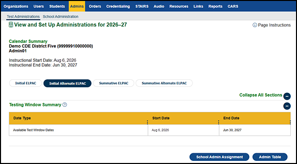 Initial Alternate ELPAC Testing Window Summary table.
