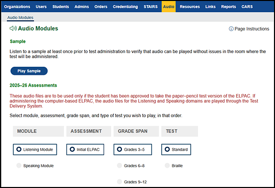 Audio Modules tab in TOMS with radio button options for module, assessment, grade span, and standard or braille test for the ELPAC.