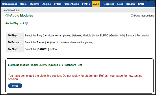 Confirmation message at the end of the audio playback.